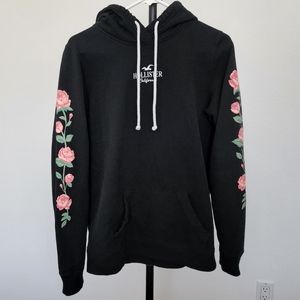 Hollister Pink Roses Black Hoodie Size M